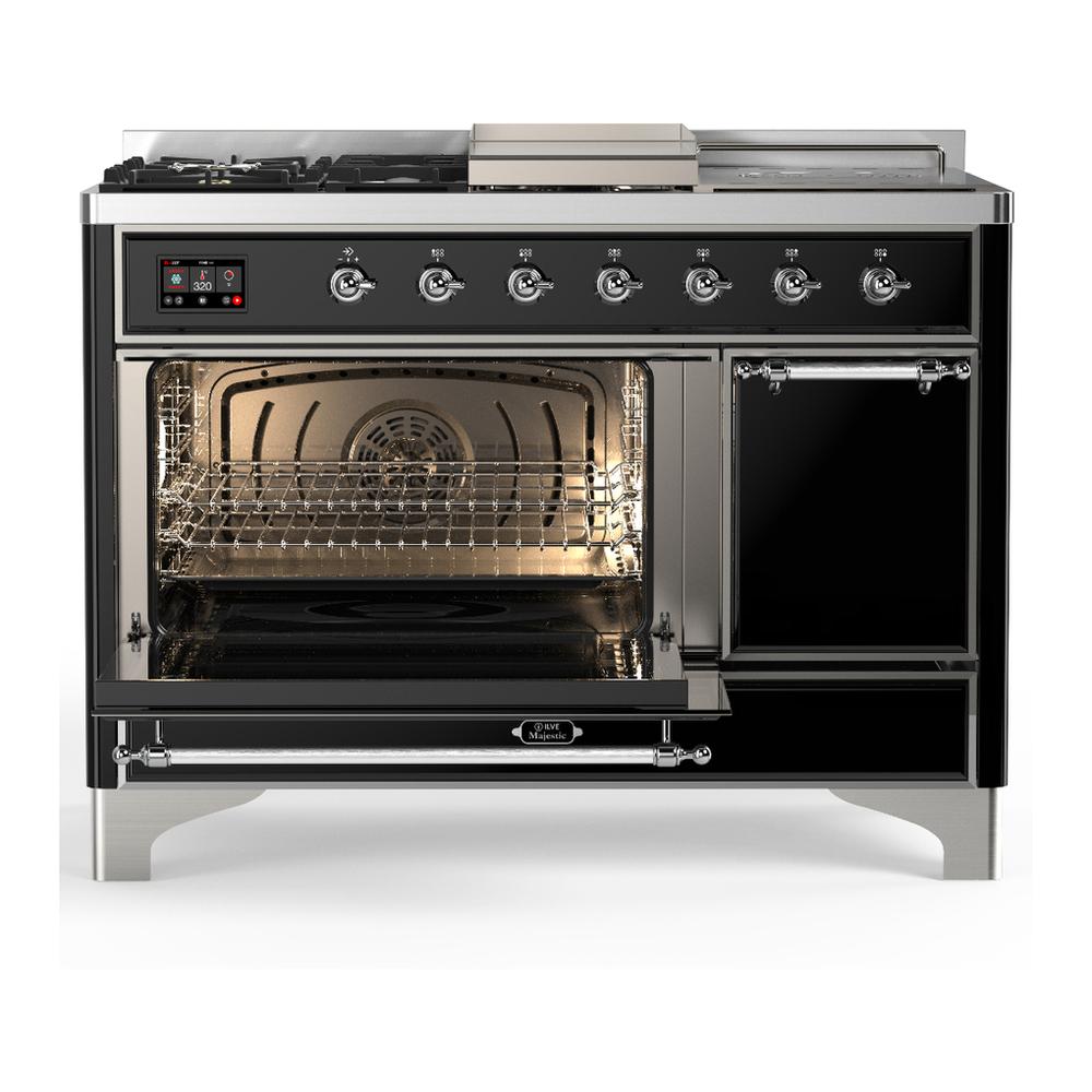 Ilve UM48FSQNR3BKCLP Ilve Um48Fsqnr3Bkclp Majestic Iii 48 Inch Dual Fuel Range With 5 Black Brass Burners, Griddle And French Top, Dual Function Burner Up To 25,000 Btu (Liquid Propane, Solid Door, Glossy Black, Chrome)