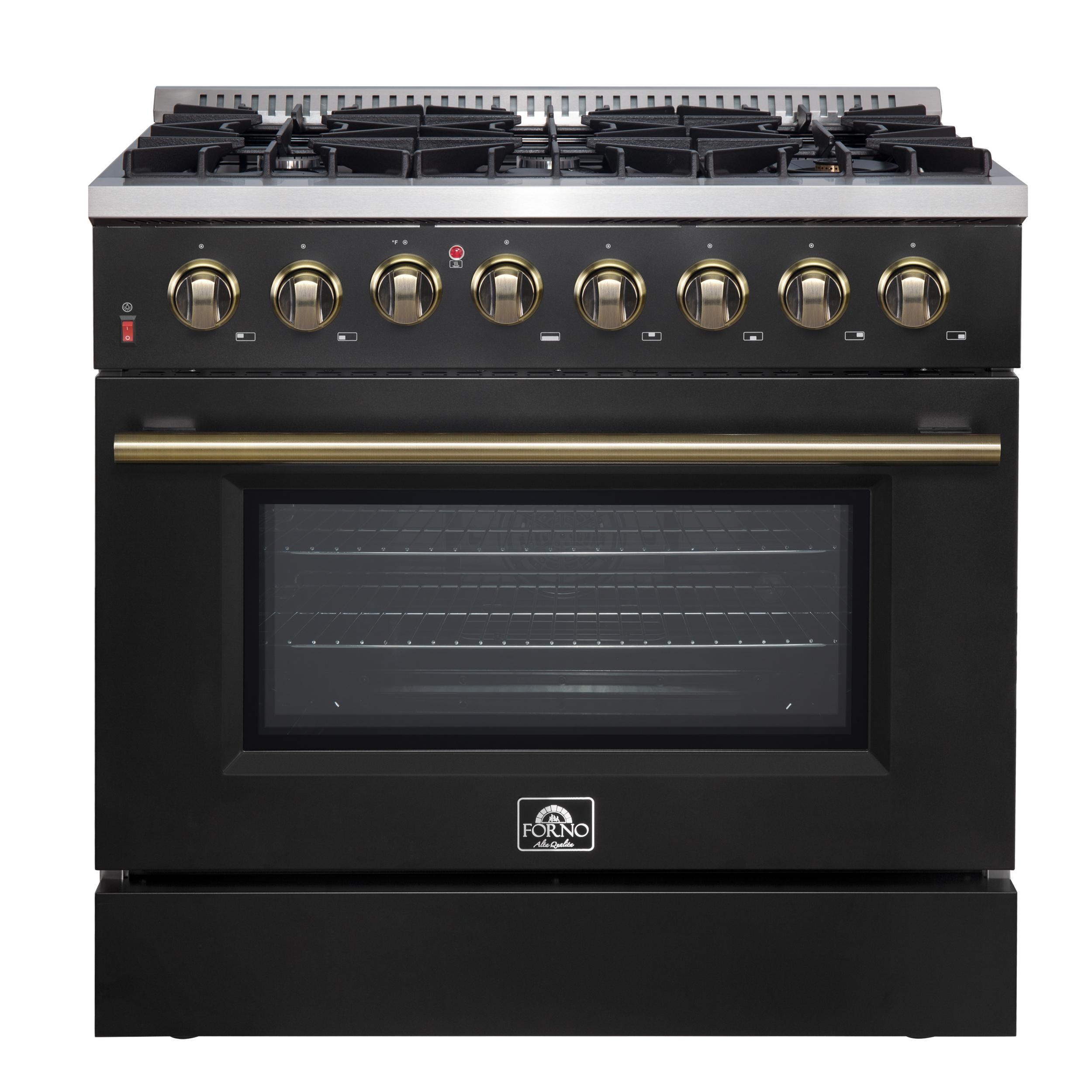 Forno FFSGS615636BLK Forno Galiano 36-Inch Dual Fuel Range In Black & Antique Brass Design, 6 Sealed Burners 83,000 Btu, 5.36 Cu.Ft. True Convection Oven