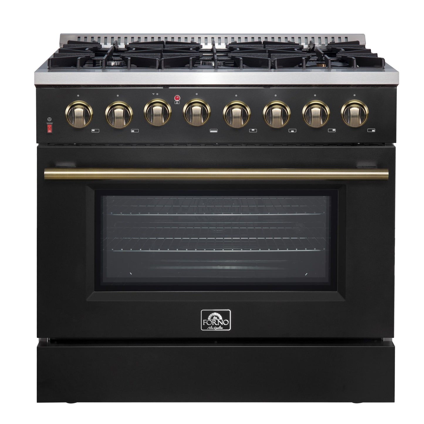 Forno FFSGS615636BLK Forno Galiano 36-Inch Dual Fuel Range In Black & Antique Brass Design, 6 Sealed Burners 83,000 Btu, 5.36 Cu.Ft. True Convection Oven