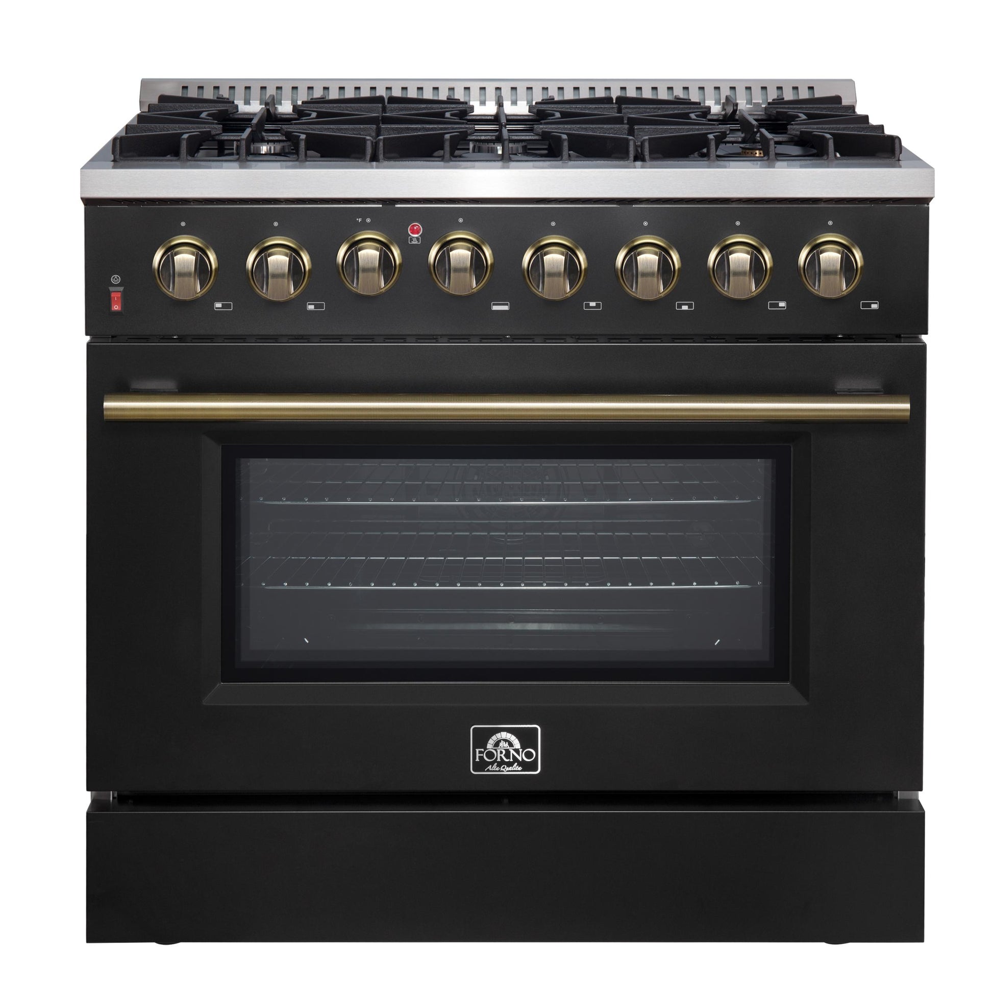 Forno FFSGS615636BLK Forno Galiano 36-Inch Dual Fuel Range In Black & Antique Brass Design, 6 Sealed Burners 83,000 Btu, 5.36 Cu.Ft. True Convection Oven
