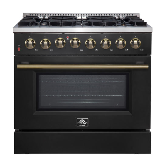 Forno FFSGS615636BLK Forno Galiano 36-Inch Dual Fuel Range In Black & Antique Brass Design, 6 Sealed Burners 83,000 Btu, 5.36 Cu.Ft. True Convection Oven