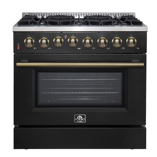 Forno FFSGS615636BLK Forno Galiano 36-Inch Dual Fuel Range In Black & Antique Brass Design, 6 Sealed Burners 83,000 Btu, 5.36 Cu.Ft. True Convection Oven