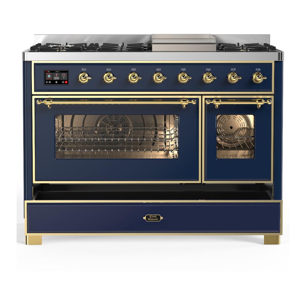 Ilve UM48FNR3MBGLP Ilve Um48Fnr3Mbglp Majestic Iii 48 Inch Dual Fuel Range With 8 Burners And Griddle, Dual Function Burner Up To 25,000 Btu (Liquid Propane, Triple Glass Door, Midnight Blue, Brass)
