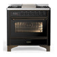 Ilve UM36FNR3BKBLP Ilve Um36Fnr3Bkblp Majestic Iii 36 Inch Dual Fuel Range With 6 Black Brass Burners And Griddle, Dual Function Burner Up To 25,000 Btu (Triple Glass Door, Glossy Black, Burnished, Liquid Propane)