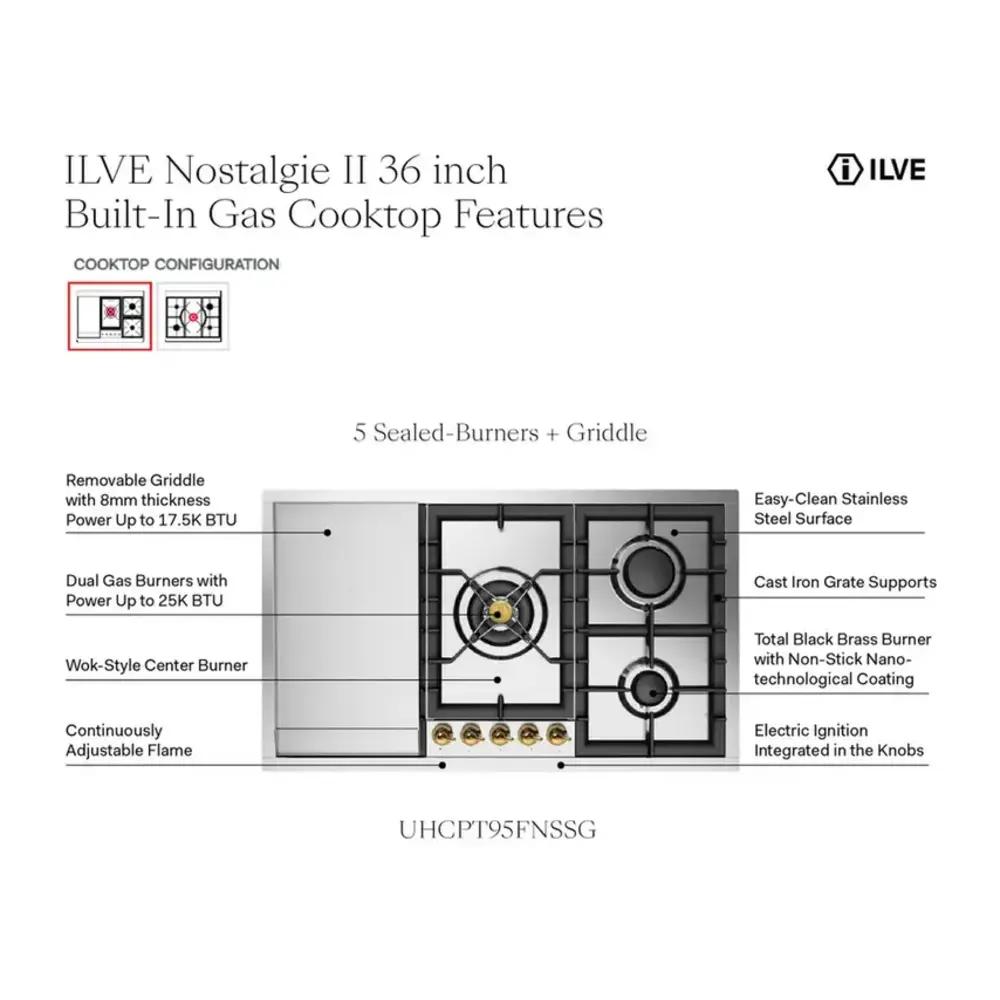 Ilve UHCPT95FNSSC Ilve Uhcpt95Fnssc Nostalgie Ii 36 Inch Built-In Gas Cooktop With Total Black Brass Burners, In Stainless Steel (5 Sealed Burners + Griddle, Natural Gas, Chrome)