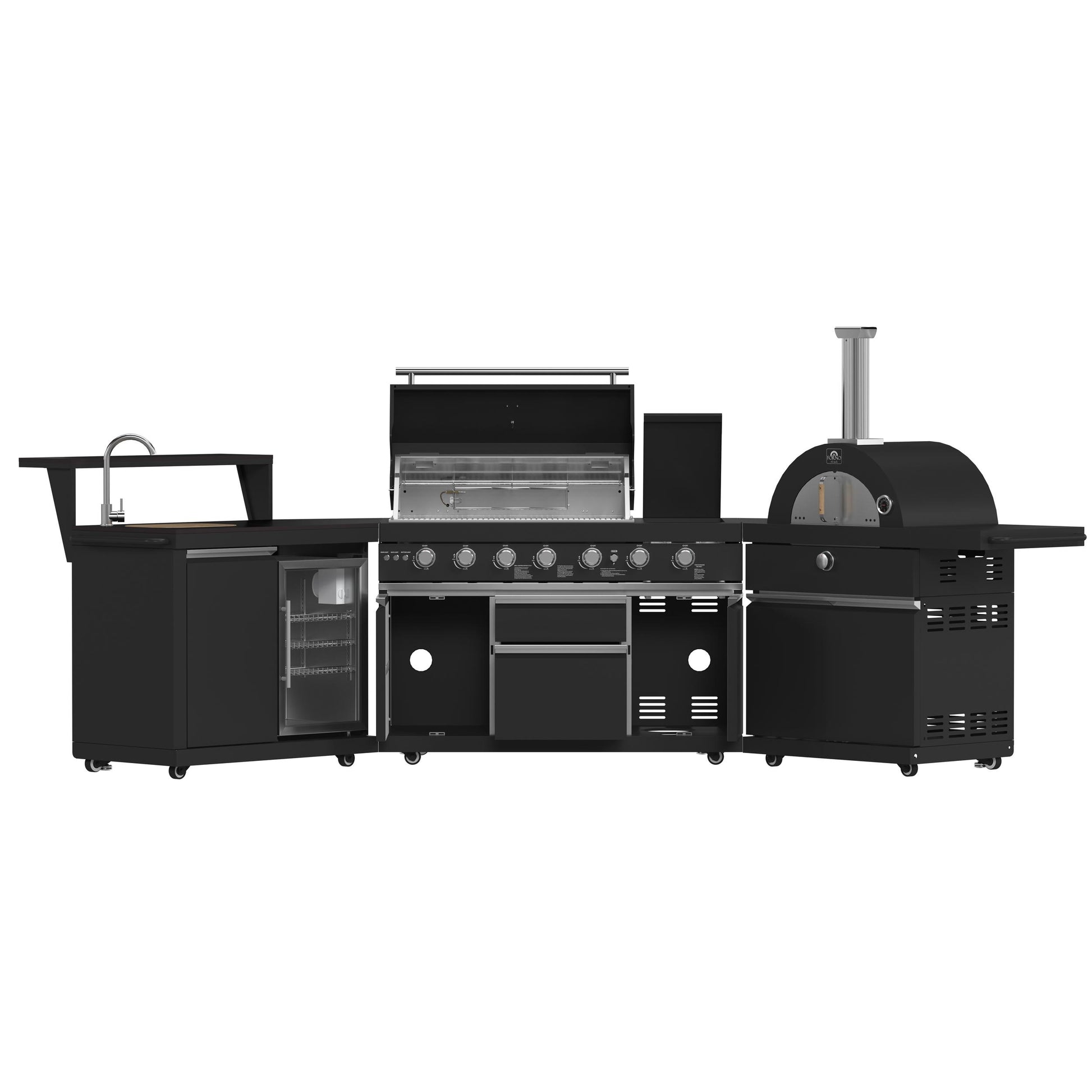 Forno FODKT2551BLK Forno All Aperto 87,600 Btu Outdoor Kitchen, 4 Burners, Infrared Burners, Side Burner, Black Sintered Stone Countertops, Gas Pizza Oven, Sink Module, Bar & Beverage Center