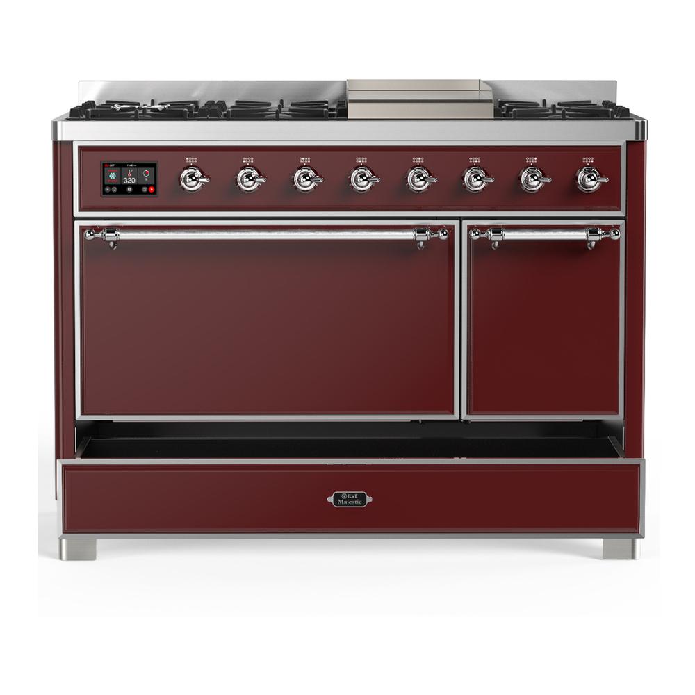 Ilve UM48FQNR3BUC Ilve Um48Fqnr3Buc Majestic Iii 48 Inch Dual Fuel Range With 8 Burners And Griddle, Dual Function Burner Up To 25,000 Btu (Natural Gas, Solid Door, Burgundy, Chrome)