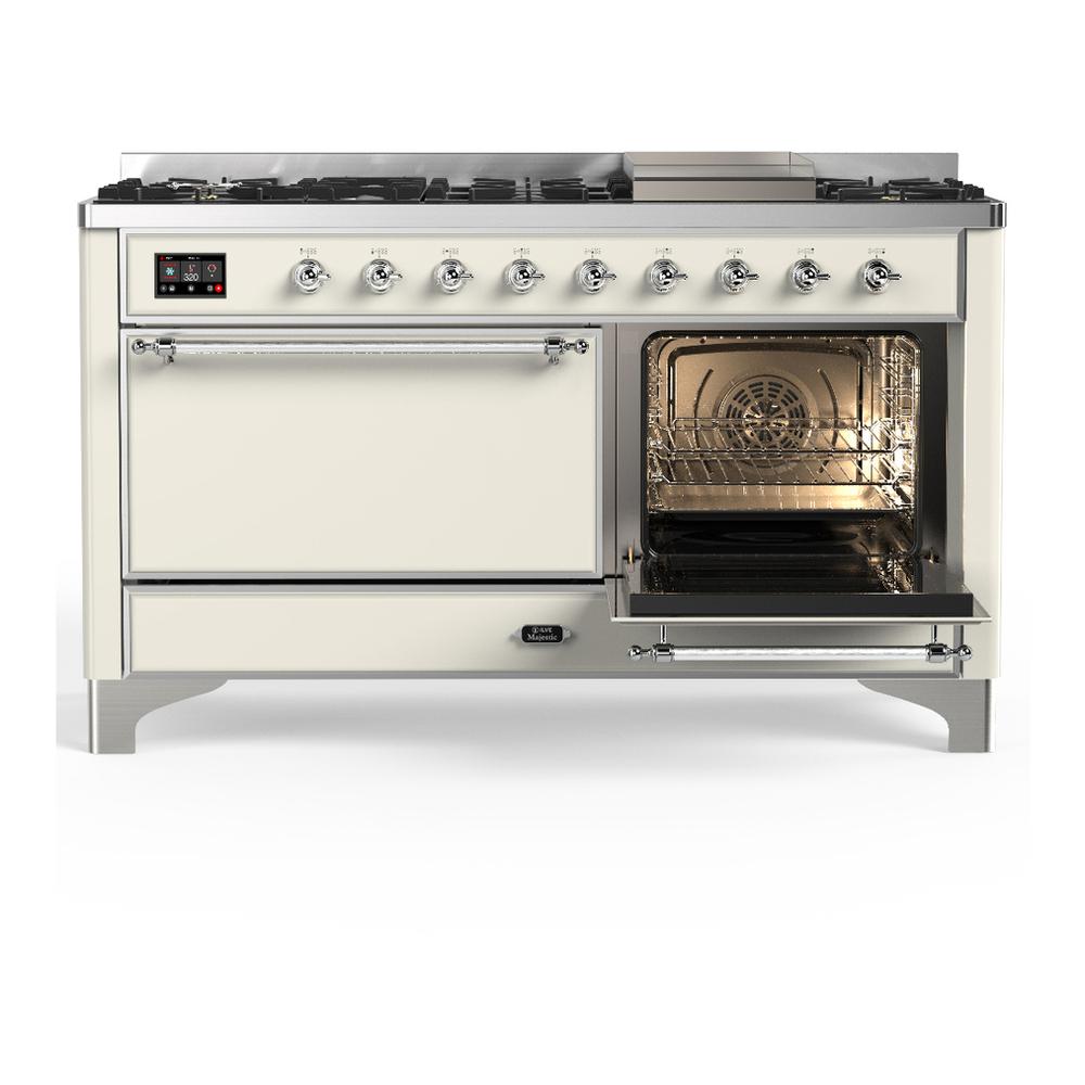 Ilve UM60FQNR3AWC Ilve Um60Fqnr3Awc Majestic Iii 60 Inch Dual Fuel Range With 9 Burners And Griddle, Dual Function Burner Up To 25,000 Btu (Natural Gas, Solid Door, Antique White, Chrome)