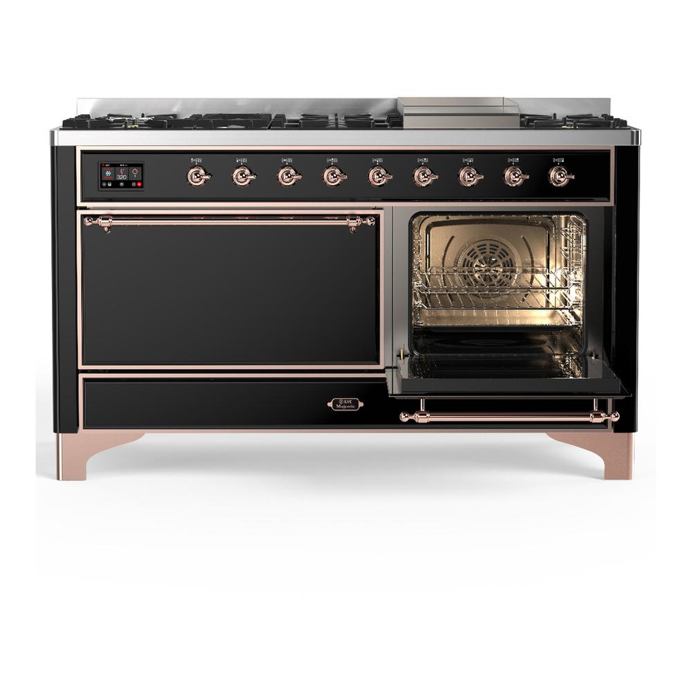 Ilve UM60FQNR3BKP Ilve Um60Fqnr3Bkp Majestic Iii 60 Inch Dual Fuel Range With 9 Burners And Griddle, Dual Function Burner Up To 25,000 Btu (Natural Gas, Solid Door, Glossy Black, Copper)