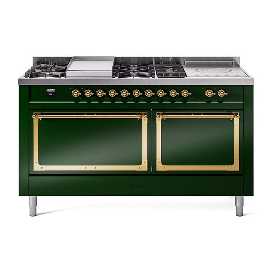 Ilve UN60FSQNMPEGGLP Ilve Un60Fsqnmpegglp Nostalgie Ii Noblesse 60" Dual Fuel Range (7 Sealed Burners + Griddle + French Top, Liquid Propane, Solid Door, Emerald Green, Brass)