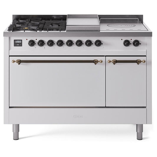 Ilve UP48FSQNMPWHBLP Ilve Nostalgie Ii 48 Up48Fsqnmpwhb Freestanding Dual Fuel Range With 5 Sealed Burners And French Top Double Oven With Solid Door In White With Bronze Knobs