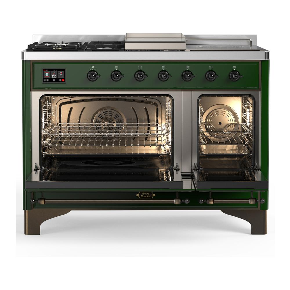 Ilve UM48FSQNR3EGB Ilve Um48Fsqnr3Egb Majestic Iii 48 Inch Dual Fuel Range With 5 Black Brass Burners, Griddle And French Top, Dual Function Burner Up To 25,000 Btu (Natural Gas, Solid Door, Emerald Green, Burnished)