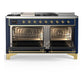 Ilve UM60FSNR3MBGLP Ilve Um60Fsnr3Mbglp Majestic Iii 60 Inch Dual Fuel Range With 7 Burners, Griddle And French Top, Dual Function Burner With Up To 25,000 Btu (Liquid Propane, Triple Glass Door, Midnight Blue, Brass)