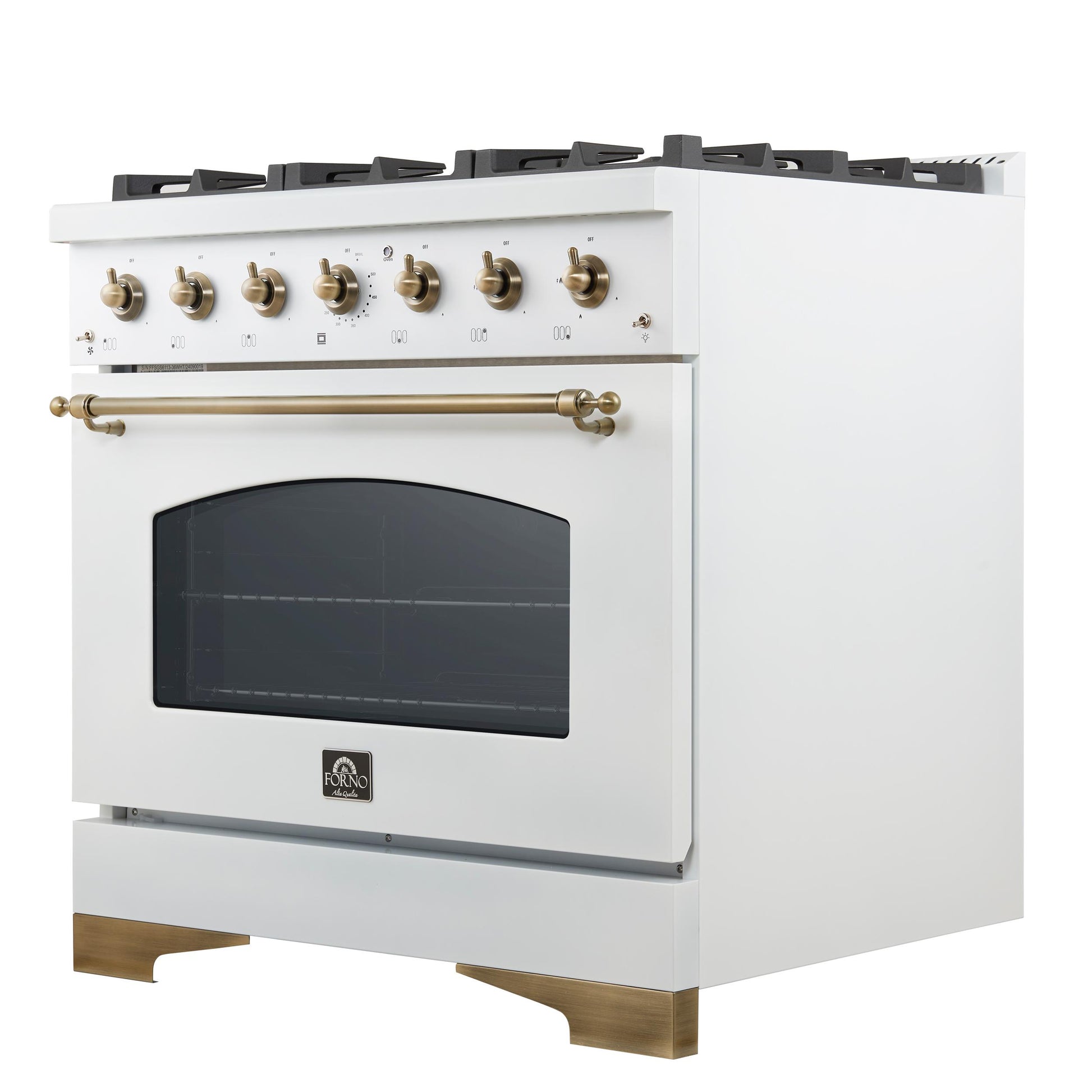 Forno FFSGS621936WHT Forno Antico 36-Inch Freestanding Gas Range, White, Antique Brass Design, 6 Burners, Convection Oven, Energy Efficient