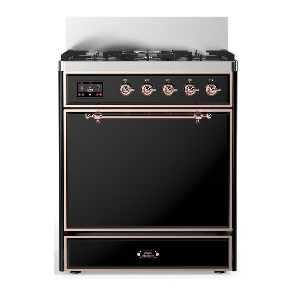 Ilve UM30QNR3BKP Ilve Um30Qnr3Bkp Majestic Iii 30 Inch Dual Fuel Range With 5 Black Brass Burners, Dual Function Burner Up To 25,000 Btu (Natural Gas, Solid Door, Glossy Black, Copper)