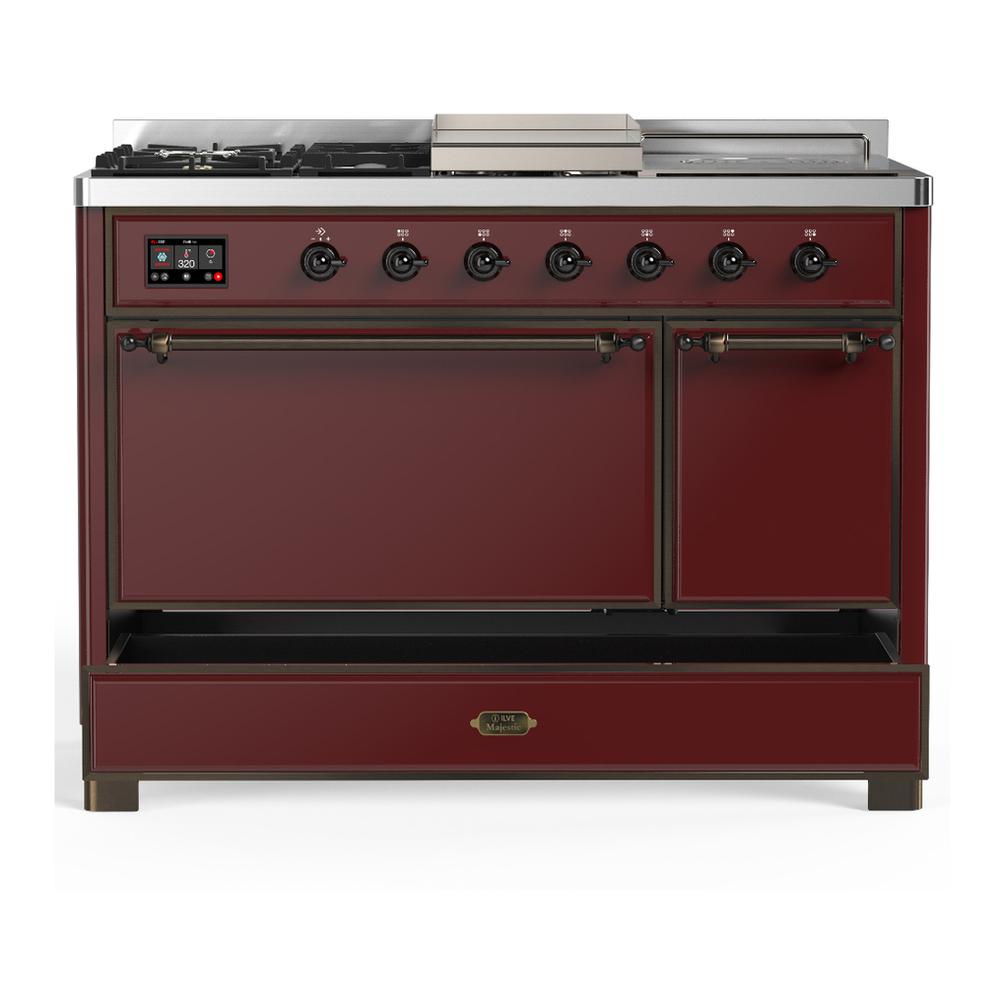 Ilve UM48FSQNR3BUB Ilve Um48Fsqnr3Bub Majestic Iii 48 Inch Dual Fuel Range With 5 Black Brass Burners, Griddle And French Top, Dual Function Burner Up To 25,000 Btu (Natural Gas, Solid Door, Burgundy, Burnished)
