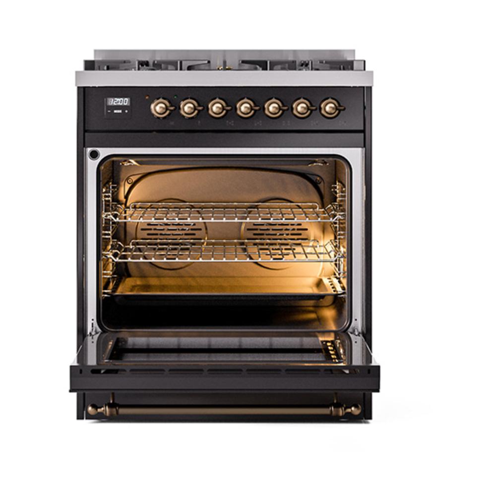Ilve UN30NMPBKBLP Ilve Un30Nmpbkblp Nostalgie Ii Noblesse 30" Dual Fuel Range (Liquid Propane, Triple Glass Door, Glossy Black, Burnished)