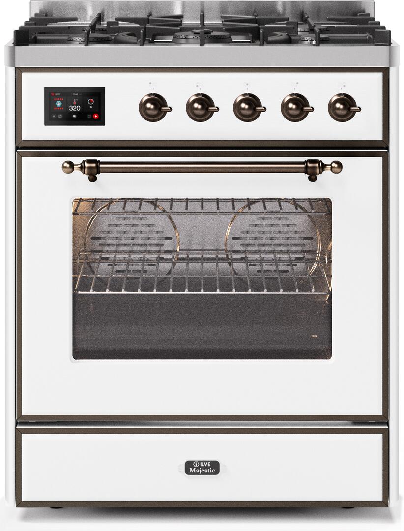 Ilve UM30DNE3WHB Majestic Ii 30 Inch Dual Fuel Natural Gas Freestanding Range In White With Bronze Trim