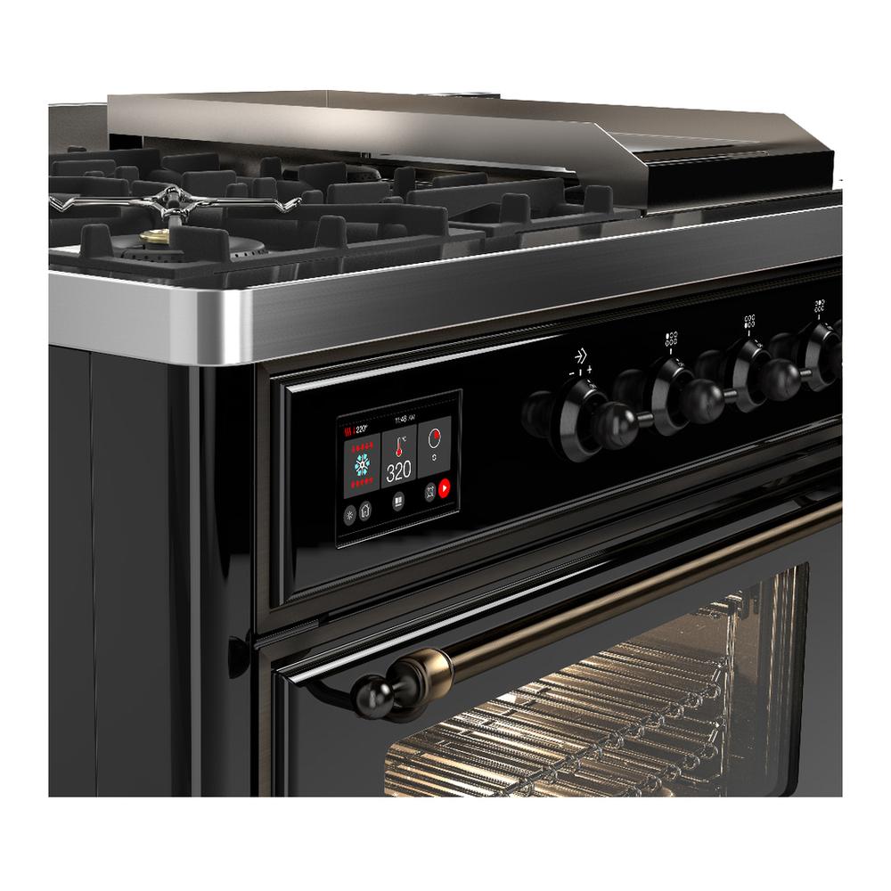 Ilve UM48FSNR3BKB Ilve Um48Fsnr3Bkb Majestic Iii 48 Inch Dual Fuel Range With 5 Black Brass Burners, Griddle And French Top, Dual Function Burner Up To 25,000 Btu (Natural Gas, Triple Glass Door, Glossy Black, Burnished)