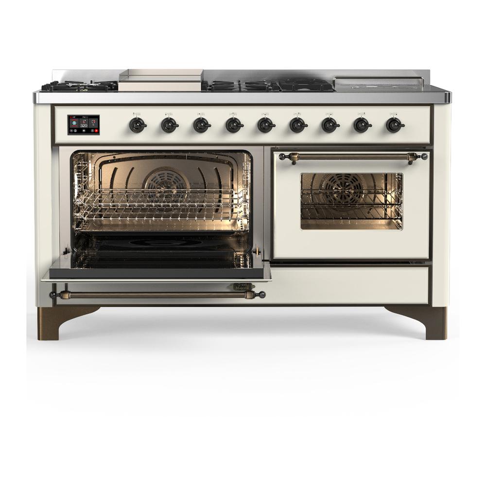 Ilve UM60FSNR3AWBLP Ilve Um60Fsnr3Awblp Majestic Iii 60 Inch Dual Fuel Range With 7 Burners, Griddle And French Top, Dual Function Burner With Up To 25,000 Btu (Liquid Propane, Triple Glass Door, Antique White, Burnished)
