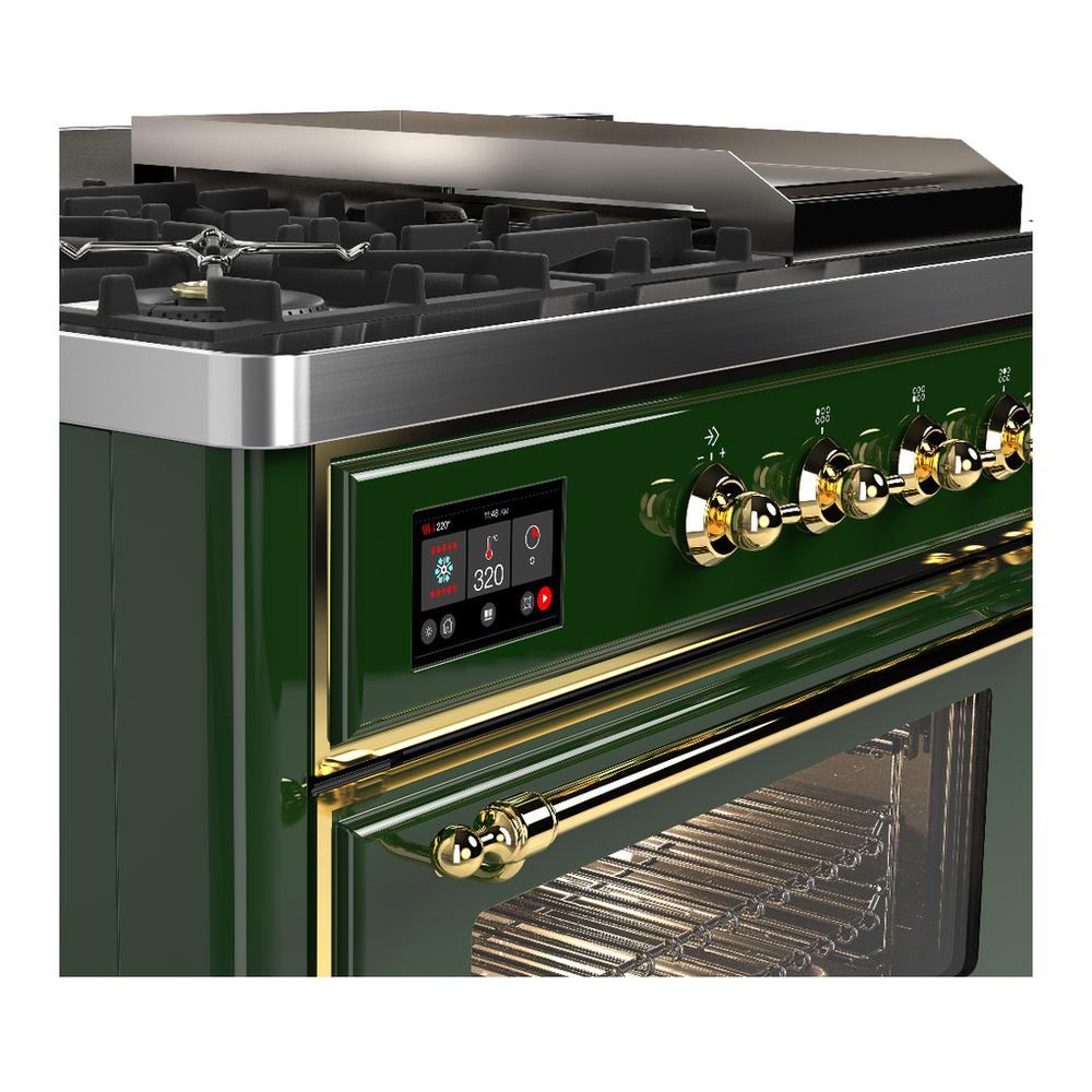 Ilve UM48FSNR3EGG Ilve Um48Fsnr3Egg Majestic Iii 48 Inch Dual Fuel Range With 5 Black Brass Burners, Griddle And French Top, Dual Function Burner Up To 25,000 Btu (Natural Gas, Triple Glass Door, Emerald Green, Brass)