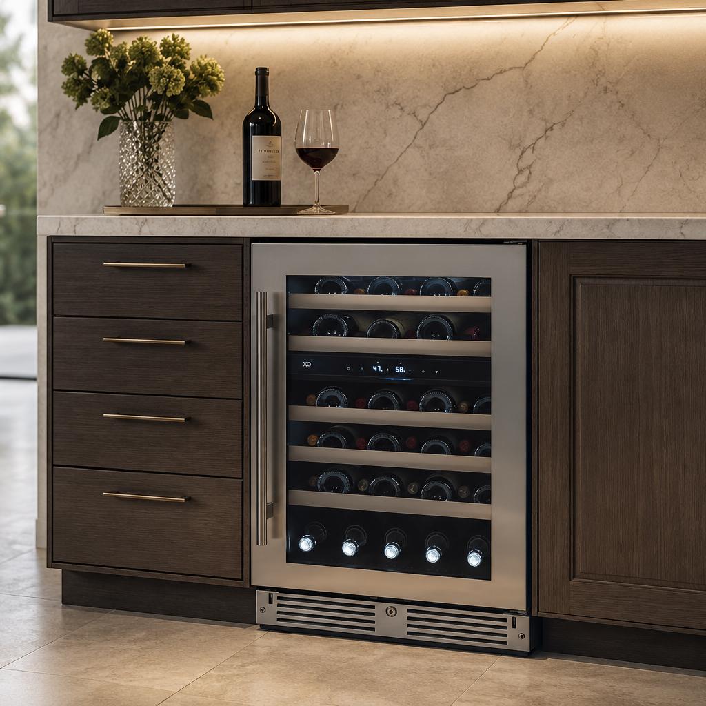 Xo Appliance XOU24WDZGSX 24" Wine Cooler, Dual Zone Stainless Steel Glass, Field Reversible Hinge