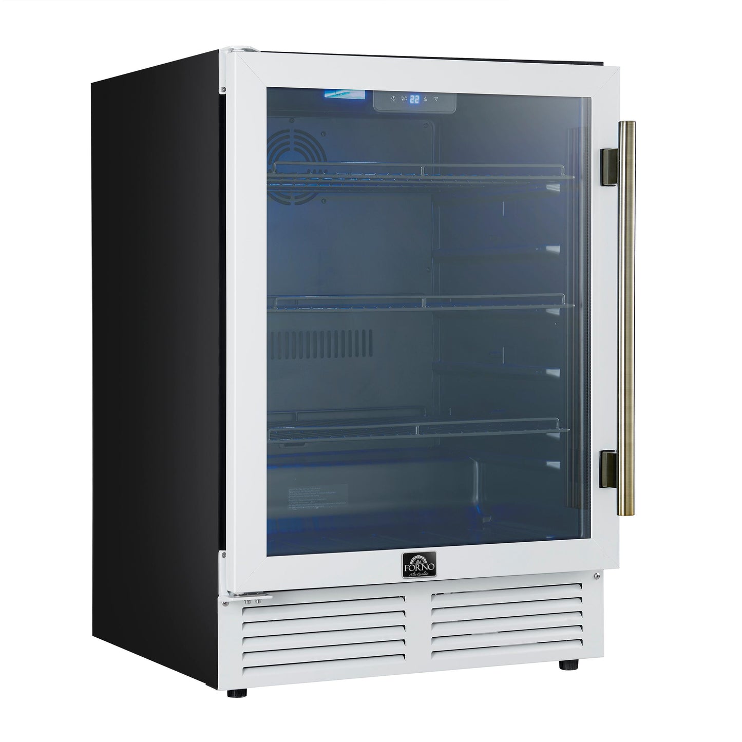 Forno FWCDR666524WHT Forno Frescolino 24 Inch Beverage Cooler, White With Antique Brass Handles, With Led Lighting, Triple Glass Door, 188 Can Capacity, Built-In Or Freestanding
