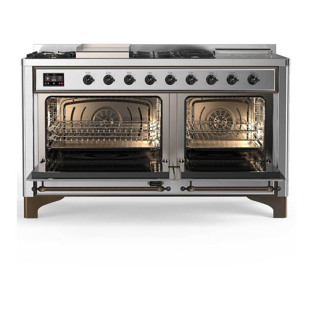 Ilve UM60FSNR3SSBLP Ilve Um60Fsnr3Ssblp Majestic Iii 60 Inch Dual Fuel Range With 7 Burners, Griddle And French Top, Dual Function Burner With Up To 25,000 Btu (Liquid Propane, Triple Glass Door, Stainless Steel, Burnished)