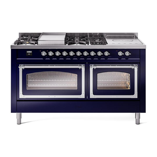 Ilve UN60FSNMPMBCLP Ilve Un60Fsnmpmbclp Nostalgie Ii Noblesse 60" Dual Fuel Range (7 Sealed Burners + Griddle + French Top, Liquid Propane, Triple Glass Door, Midnight Blue, Chrome)