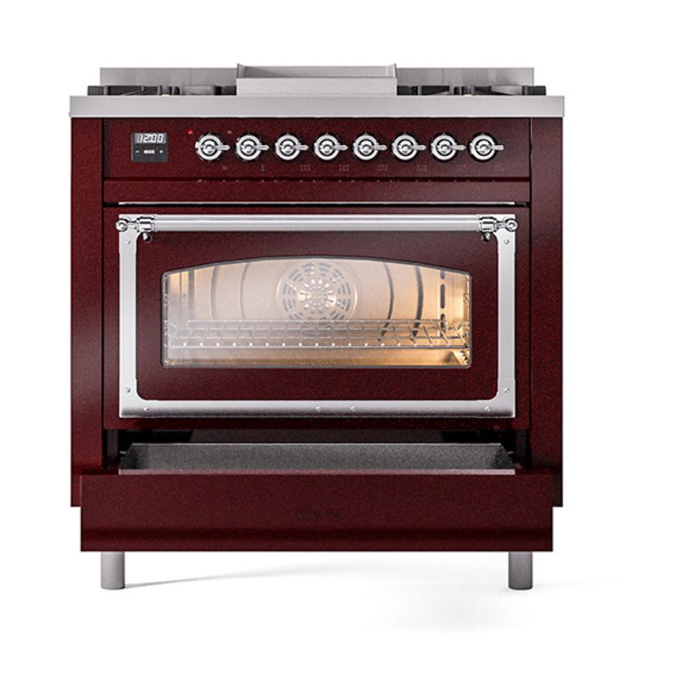Ilve UN36FNMPBUCLP Ilve Un36Fnmpbuclp Nostalgie Ii Noblesse 36" Dual Fuel Range (Liquid Propane, Triple Glass Door, Burgundy, Chrome)