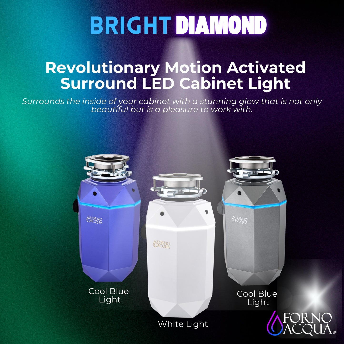 Forno WDD075TA1AM Forno Acqua Brightdiamond Amethyst 3/4Hp Super Quiet Garbage Disposal Corded With Motion Sensor Cabinet Light & Pre-Wired Air Switch