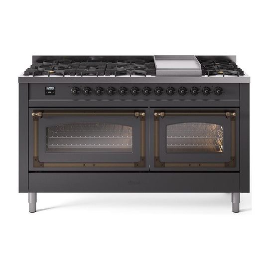Ilve UN60FNMPMGB Ilve Un60Fnmpmgb Nostalgie Ii Noblesse 60" Dual Fuel Range (9 Sealed Burners + Griddle, Natural Gas, Triple Glass Door, Graphite Matte, Burnished)
