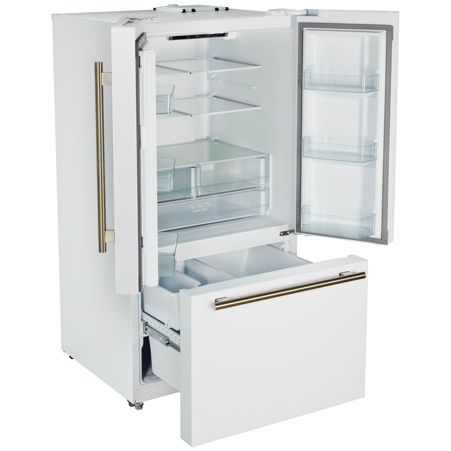 Forno FFFFD178336WHT Forno Rivello 36 Inch French Door Refrigerator In White With Antique Brass, Internal Water Dispenser, Filtered Ice, Adjustable Shelves, Energy Star Certified