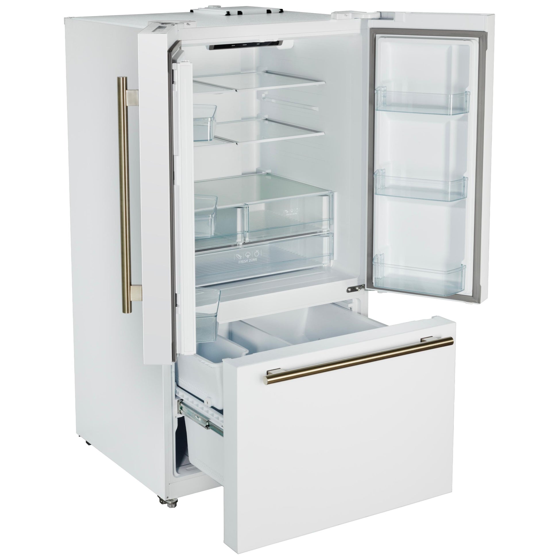 Forno FFFFD178336WHT Forno Rivello 36 Inch French Door Refrigerator In White With Antique Brass, Internal Water Dispenser, Filtered Ice, Adjustable Shelves, Energy Star Certified