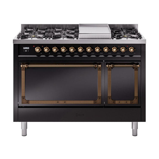 Ilve UN48FQNMPBKBLP Ilve Un48Fqnmpbkblp Nostalgie Ii Noblesse 48" Dual Fuel Range (8 Sealed Burners + Griddle, Liquid Propane, Solid Door, Glossy Black, Burnished)