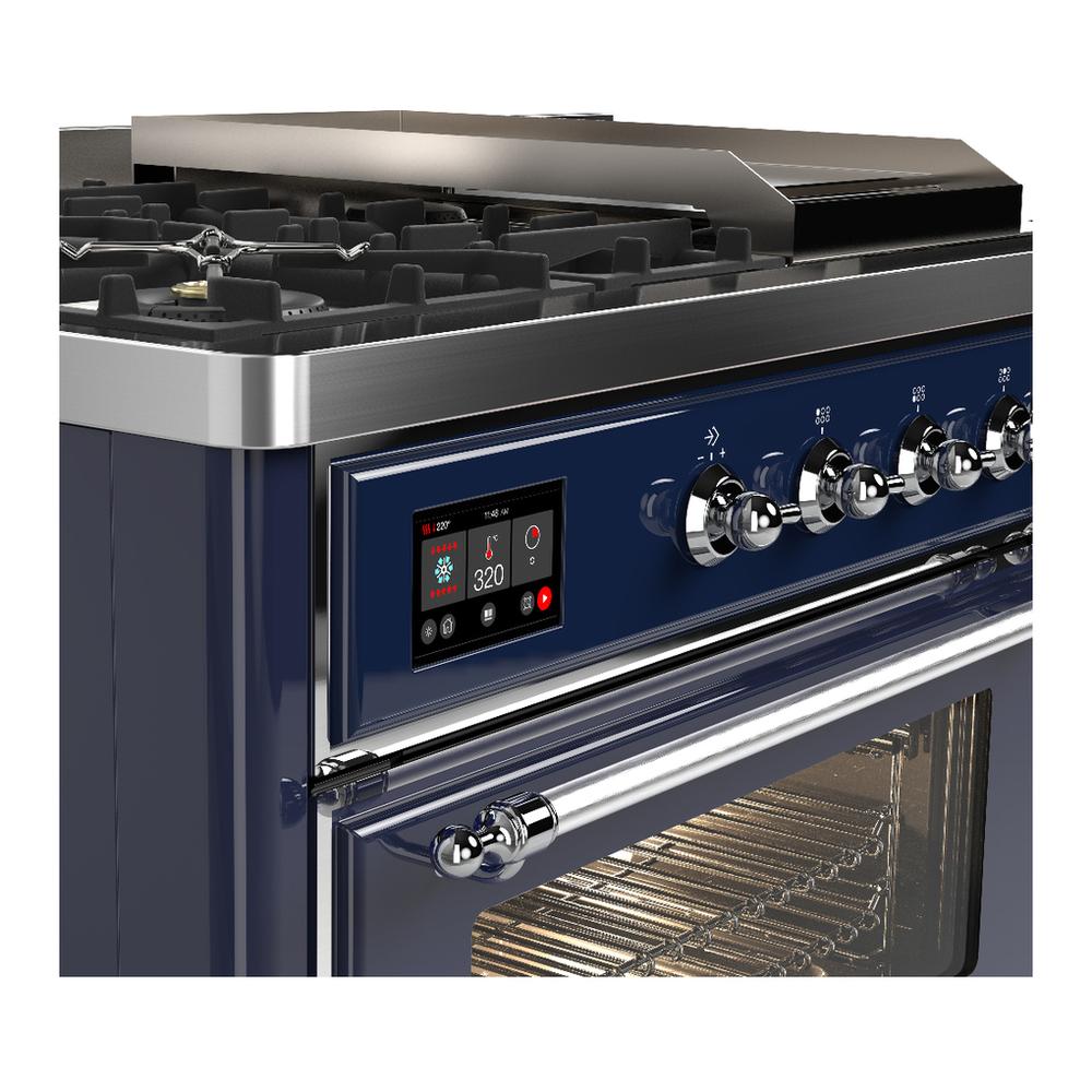 Ilve UM48FSNR3MBCLP Ilve Um48Fsnr3Mbclp Majestic Iii 48 Inch Dual Fuel Range With 5 Black Brass Burners, Griddle And French Top, Dual Function Burner Up To 25,000 Btu (Liquid Propane, Triple Glass Door, Midnight Blue, Chrome)