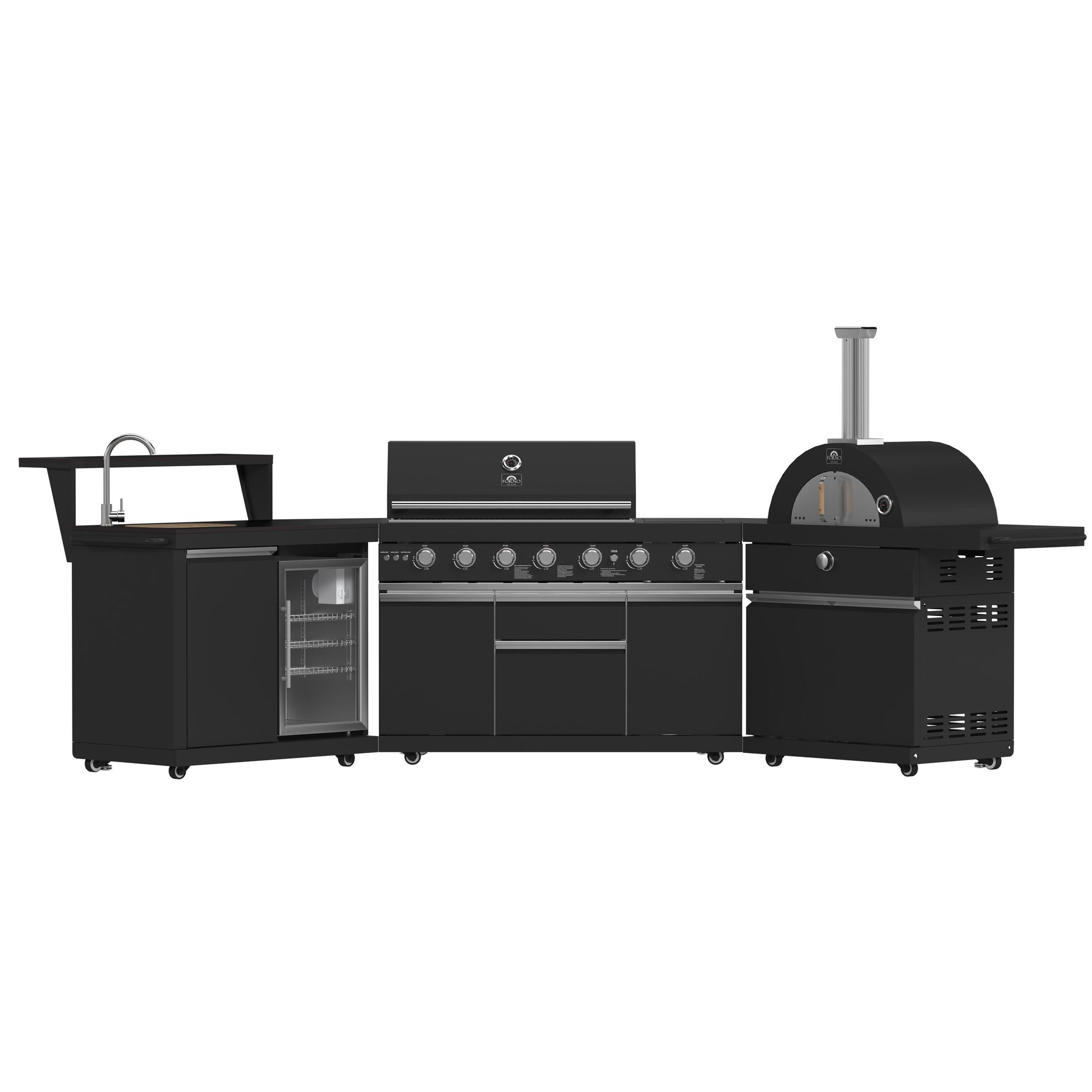 Forno FODKT2551BLK Forno All Aperto 87,600 Btu Outdoor Kitchen, 4 Burners, Infrared Burners, Side Burner, Black Sintered Stone Countertops, Gas Pizza Oven, Sink Module, Bar & Beverage Center