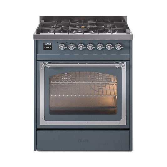 Ilve UN30NMPBGCLP Ilve Un30Nmpbgclp Nostalgie Ii Noblesse 30" Dual Fuel Range (Liquid Propane, Triple Glass Door, Blue Grey, Chrome)
