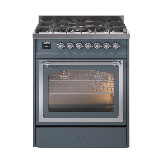 Ilve UN30NMPBGCLP Ilve Un30Nmpbgclp Nostalgie Ii Noblesse 30" Dual Fuel Range (Liquid Propane, Triple Glass Door, Blue Grey, Chrome)