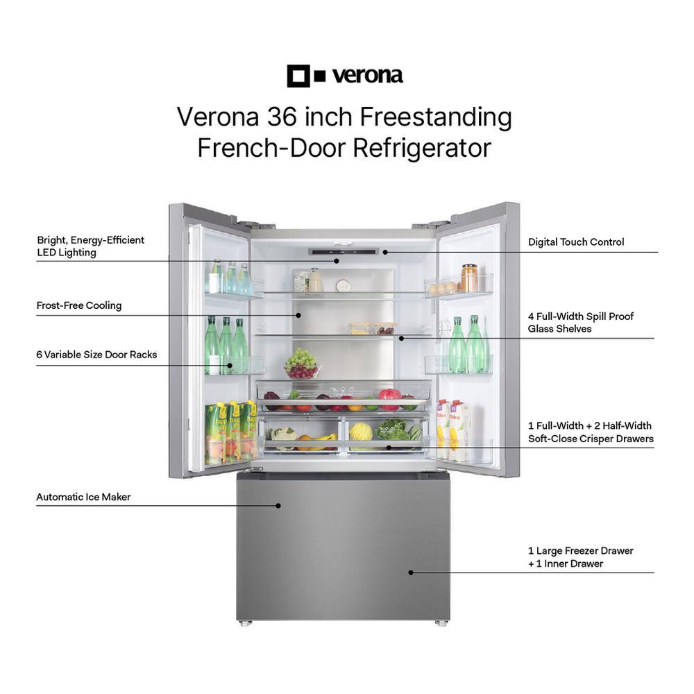 Verona VEFFD3620RISL Verona Veffd3620Risl 36 Inch Freestanding French Door Refrigerator With 20.3 Cu. Ft. Capacity, Automatic Ice Maker, Recessed Handle