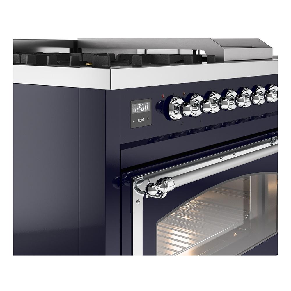 Ilve UN48FSNMPMBCLP Ilve Un48Fsnmpmbclp Nostalgie Ii Noblesse 48" Dual Fuel Range (5 Sealed Burners + Griddle + French Top, Liquid Propane, Triple Glass Door, Midnight Blue, Chrome)