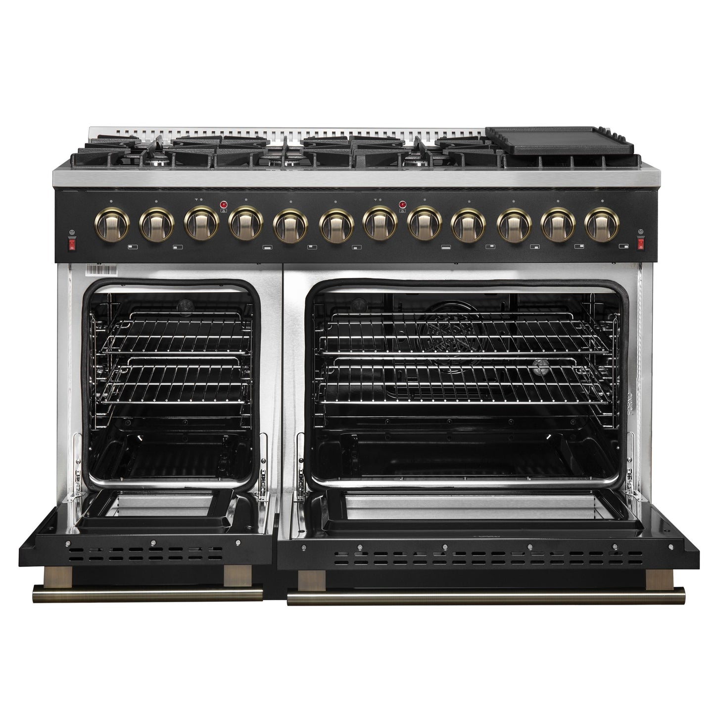 Forno FFSGS615648BLK Galiano 48-Inch Dual Fuel Range Black & Antique Brass Design With 8 Sealed Burners 107,000 Btu, 6.58 Cu. Ft. Double Ovens & Griddle