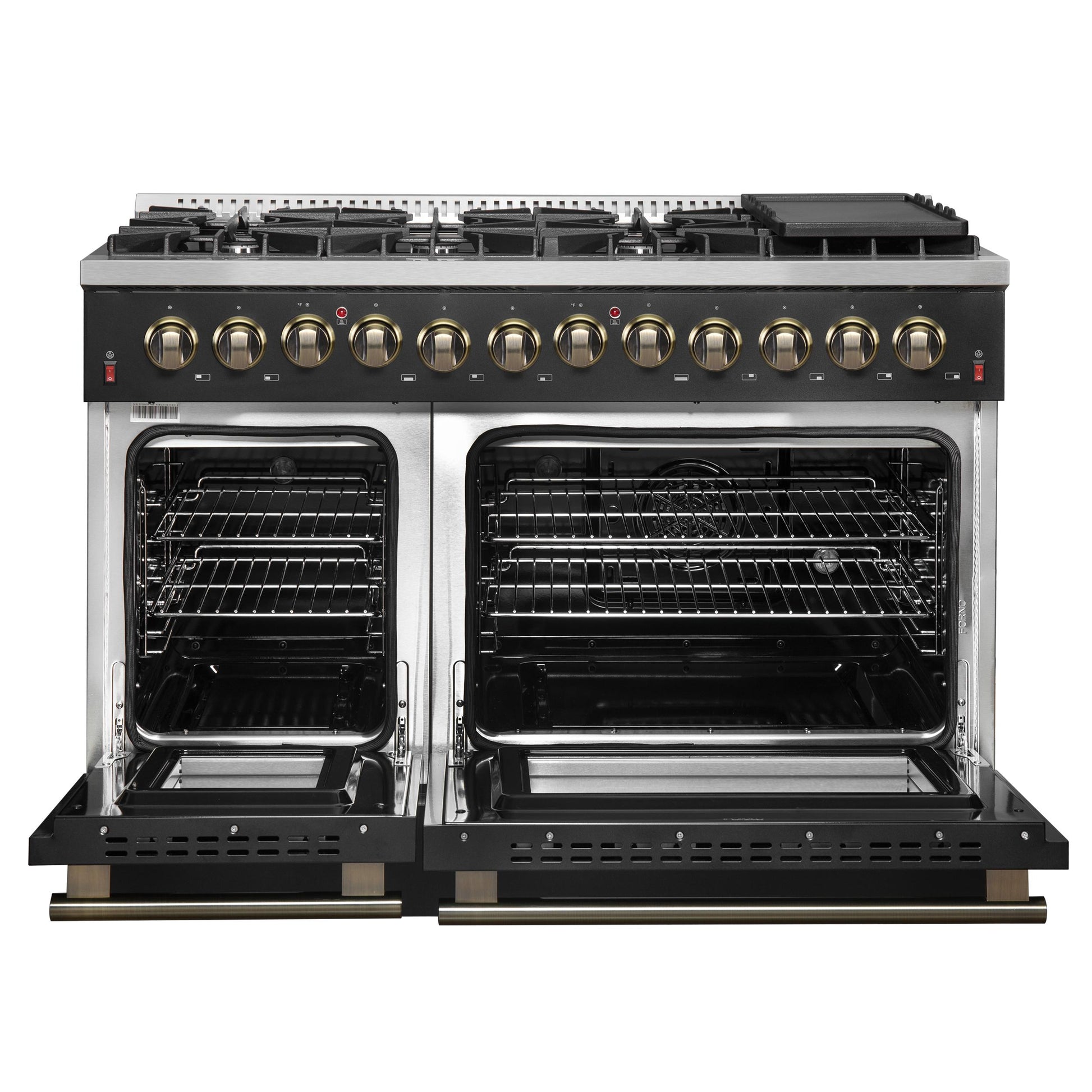 Forno FFSGS615648BLK Galiano 48-Inch Dual Fuel Range Black & Antique Brass Design With 8 Sealed Burners 107,000 Btu, 6.58 Cu. Ft. Double Ovens & Griddle