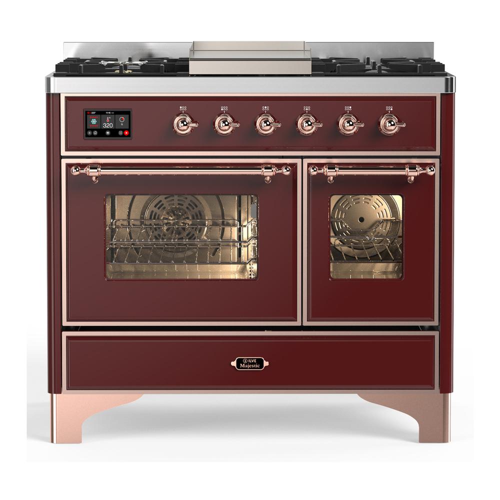 Ilve UMD40FNR3BUP Ilve Umd40Fnr3Bup Majestic Iii 40 Inch Dual Fuel Range With 6 Burners And Griddle, Dual Function Burner Up To 25,000 Btu (Natural Gas, Triple Glass Door, Burgundy, Copper)