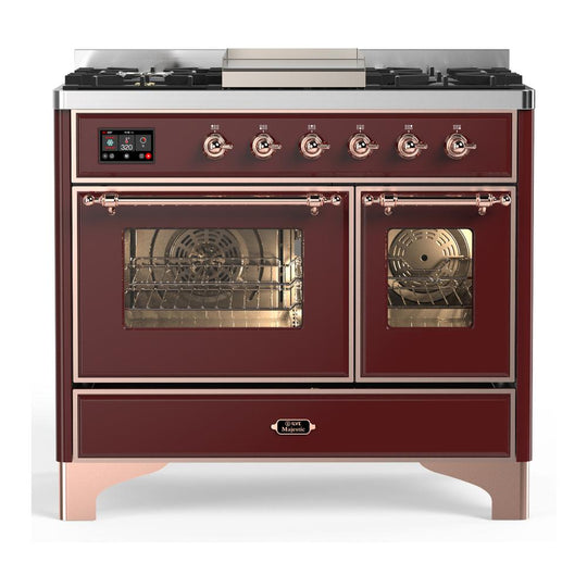 Ilve UMD40FNR3BUP Ilve Umd40Fnr3Bup Majestic Iii 40 Inch Dual Fuel Range With 6 Burners And Griddle, Dual Function Burner Up To 25,000 Btu (Natural Gas, Triple Glass Door, Burgundy, Copper)