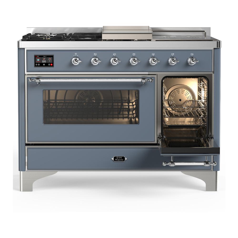 Ilve UM48FSNR3BGC Ilve Um48Fsnr3Bgc Majestic Iii 48 Inch Dual Fuel Range With 5 Black Brass Burners, Griddle And French Top, Dual Function Burner Up To 25,000 Btu (Natural Gas, Triple Glass Door, Blue Grey, Chrome)