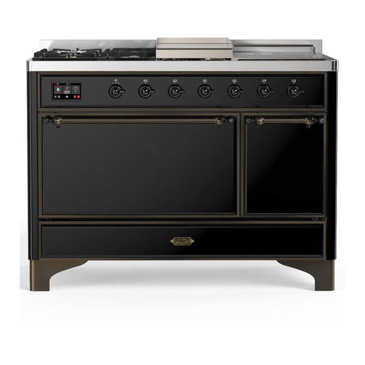 Ilve UM48FSQNR3BKBLP Ilve Um48Fsqnr3Bkblp Majestic Iii 48 Inch Dual Fuel Range With 5 Black Brass Burners, Griddle And French Top, Dual Function Burner Up To 25,000 Btu (Liquid Propane, Solid Door, Glossy Black, Burnished)