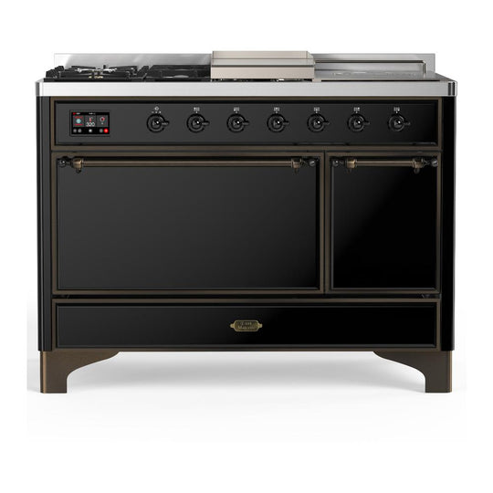 Ilve UM48FSQNR3BKBLP Ilve Um48Fsqnr3Bkblp Majestic Iii 48 Inch Dual Fuel Range With 5 Black Brass Burners, Griddle And French Top, Dual Function Burner Up To 25,000 Btu (Liquid Propane, Solid Door, Glossy Black, Burnished)