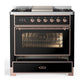 Ilve UM36FNR3BKP Ilve Um36Fnr3Bkp Majestic Iii 36 Inch Dual Fuel Range With 6 Black Brass Burners And Griddle, Dual Function Burner Up To 25,000 Btu (Triple Glass Door, Glossy Black, Copper, Natural Gas)