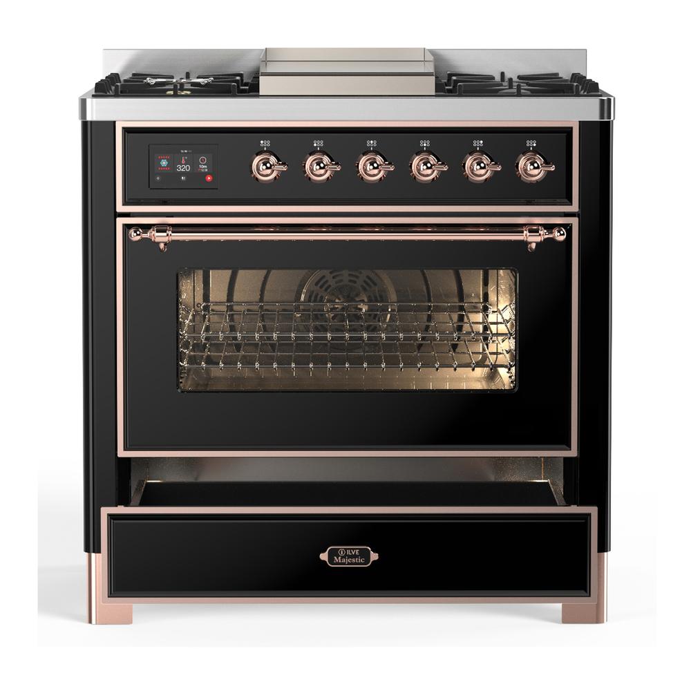 Ilve UM36FNR3BKP Ilve Um36Fnr3Bkp Majestic Iii 36 Inch Dual Fuel Range With 6 Black Brass Burners And Griddle, Dual Function Burner Up To 25,000 Btu (Triple Glass Door, Glossy Black, Copper, Natural Gas)